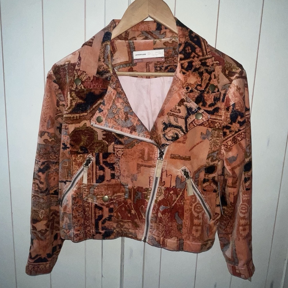 NWT Pilcro x Anthropologie Tapestry Cropped Velvet Moto Jacket Boho Zippers XS